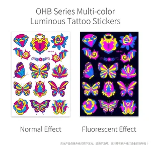 Tatouages temporaires néon papillon et rose avec effet fluorescent pour les fêtes