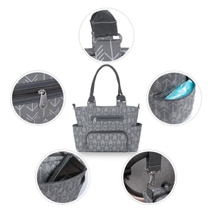Detail shots of gray diaper bag showing metal zippers, reinforced stitching, and side pockets