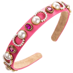 Elegant baroque headband featuring pink crystals and pearls on a rose satin fabric base
