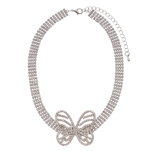 Elegant silver butterfly necklace with four-row rhinestone chain and adjustable lobster clasp