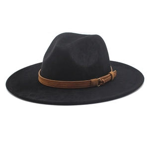 Classic black wide-brim cowboy hat with a brown faux suede band and golden metal buckle