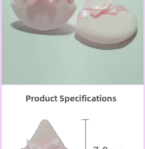 Detailed view of a pink velvet powder puff with silk bow and 7.2cm dimensions