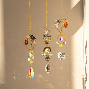 Tree Of Life Suncatcher Hanging Ornament Brass K9 Crystal Prism Natural Stones Rainbow Maker Window Garden Decor Boho