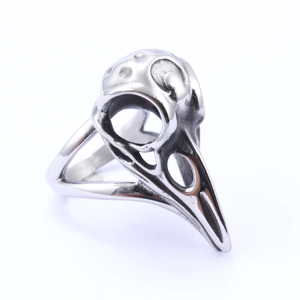 Gothic silver bird skull ring for men, punk style raven skeleton head accessory in metal