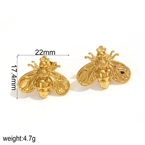 Minimalist golden stainless steel bee earrings with detailed wings and product dimensions