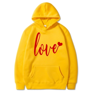 Yellow Valentine hoodies for women with red love heart print and cozy hooded design