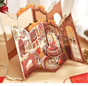 3D folding paper scene of sweet dollhouse with vintage doll and library decor