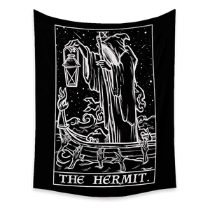 Detail of The Hermit tarot card tapestry featuring black and white line art and Roman IX
