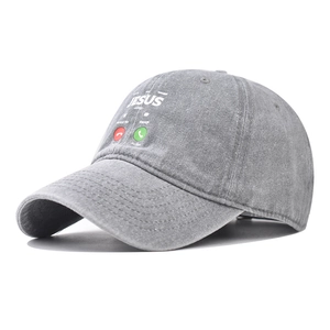 Grey washed cotton baseball cap featuring a creative Jesus calling phone screen design