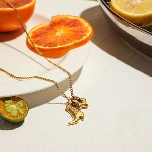 Detailed view of 18K gold star and boot pendant necklace on a decorative plate