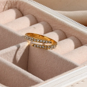 Minimalist double row zircon open ring in 18k gold plating inside a pink velvet box