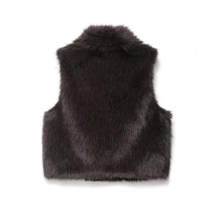 Back view of a faux fur vest for women in dark coffee brown with a plush texture