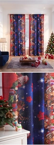 Detailed texture of Christmas theme printed curtains with Santa, reindeer and snowflake patterns