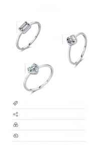 Detailed view of S925 sterling silver rings with heart and square zircon stones