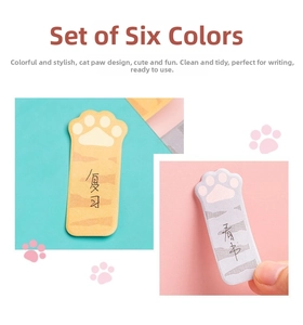 Close-up of cat paw sticky notes in six colors with tiger stripe pattern design