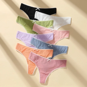 Women Thongs Low Waist Ribbed Fabric Breathable Panties With White Lace Trim And Small Bowknot Sweet Lingerie Underwear