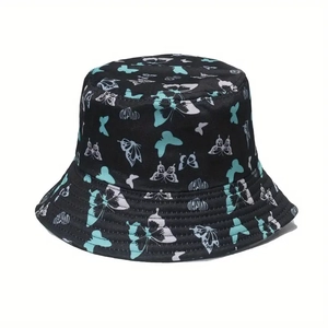 Unisex black bucket hat with butterfly print for sun protection and casual outdoor style