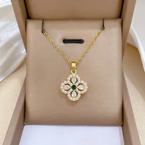 Lucky Clover Pendant Necklace Stainless Steel Chain Copper Micro Cubic Zirconia Inlaid Green Stone For Women Elegant