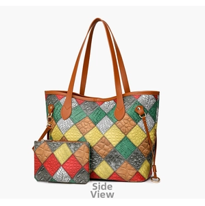 Detail of color-block patchwork tote with faux crocodile texture and matching pouch