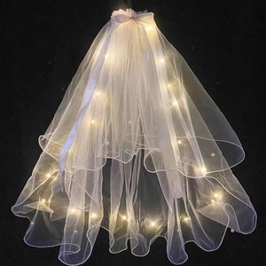 Detailed view of multilayer white tulle veil with integrated glowing LED fairy lights