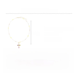 Detail showing colorful beaded cross necklace dimensions and materials in white background