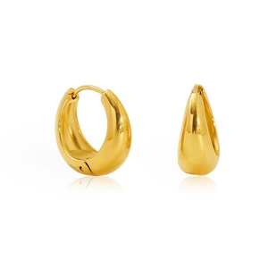 Polished gold thick hoop earrings with a teardrop silhouette on a white background