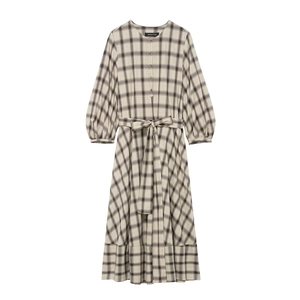 Vintage Plaid Maxi Kleid Acetat Satin Rundhalsausschnitt Lange Puffärmel Elegant Hemd Stil Mit Gürtel