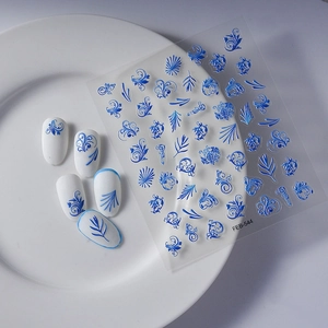 Detail of FEB-544 Klein blue 5D embossed nail stickers with vintage floral patterns