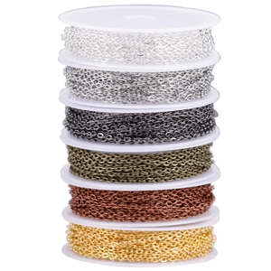 Close-up of 6 color metal DIY jewelry chains with lobster clasps and jump rings on reels