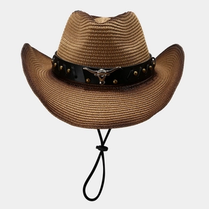 Western style woven straw cowboy hat with black leather band and silver bull head ornament