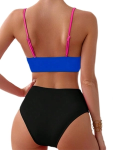 Back view of high-waist bikini set featuring pink straps and blue bandeau top