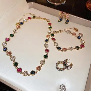 Vintage Alloy Bracelet Necklace With Multi Color Rhinestones And Panther Head Charm Luxury Fashion Jewelry For Women