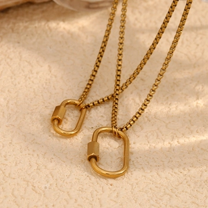 Macro view of two 18K gold plated stainless steel necklaces with D-ring carabiner pendants