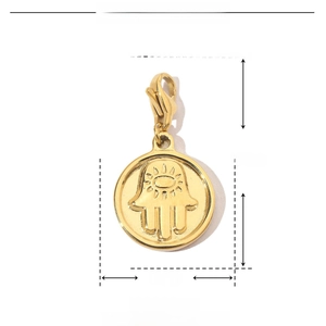 Detailed dimension guide for golden stainless steel Hamsa charm showing 28mm total height