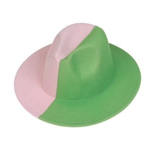 Detail view of pink and green bi-color wool felt fedora with wide brim jazz style hat