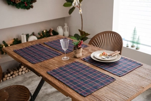 Close-up of red and blue checkered placemats showing fabric texture on a wooden table