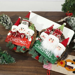 Christmas rattan wreath set with plush Santa and Snowman hanging decorations for home decor