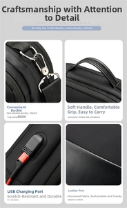 Close-up of business laptop backpack featuring USB port, metal buckles and durable fabric