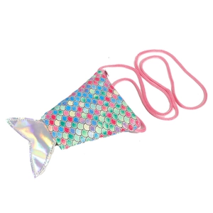 Sparkly mermaid tail crossbody bag for girls with colorful scales and silver laser fin