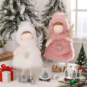 Plush Christmas angel ornaments with antlers and sequin wings in pink and white