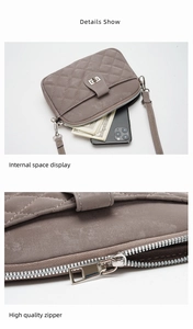 Detail of taupe quilted phone crossbody bag showing internal storage and quality zipper