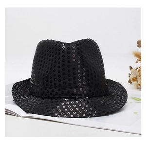Detail shot of a black sequin fedora hat showing reflective material for stage performance