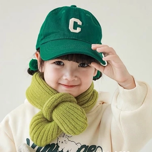 Winter warm knitted green scarf and baseball cap set for toddlers and kids