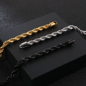 6mm hip hop twisted rope bracelets in gold silver and black stainless steel options