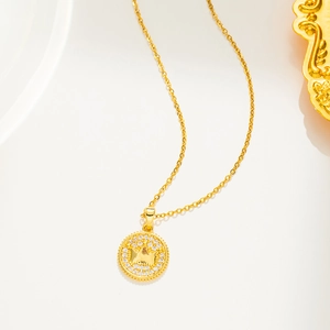18K gold plated stainless steel necklace with round crown pendant and cubic zirconia