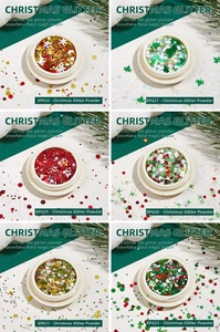 Detailed grid of Christmas nail glitters with snowflake and star shapes in festive colors