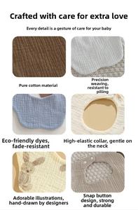 Detail of absorbent cotton baby bibs featuring snap buttons and hand-drawn rabbit prints