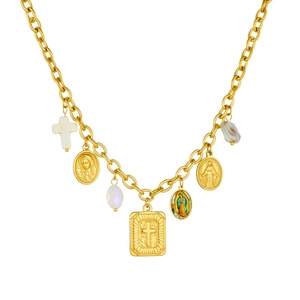 Gold-plated necklace featuring cross pendants and Saint Mary religious medallions