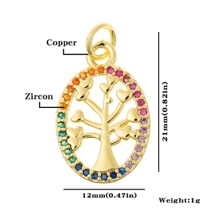 Detailed size view of golden Tree of Life copper pendant with colorful zircon stones
