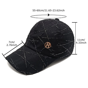 Black baseball cap with cross stitching, gold R-metal logo and detailed size dimensions